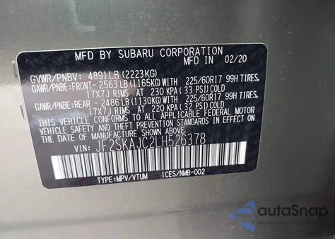 2020 Subaru Forester Premium z USA, uszkodzony, nr VIN JF2SKAJC2LH526378